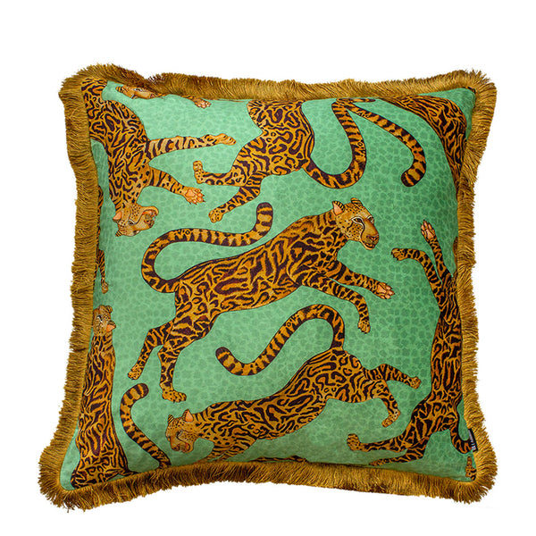 Cheetah Kings Jade Velvet Cushion Cover with Fringe